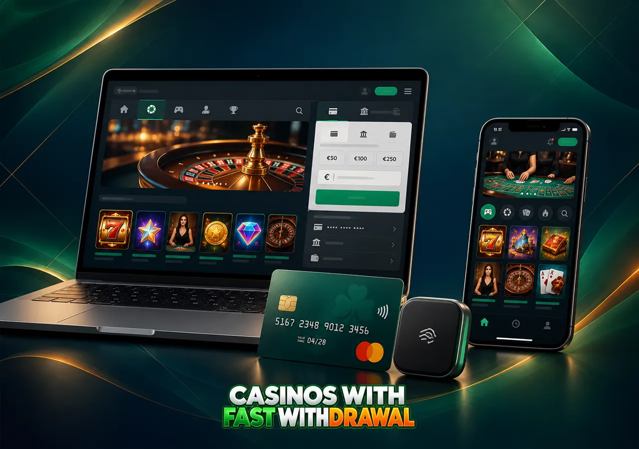Casino games fill desktop and phone screens, with chips resting nearby